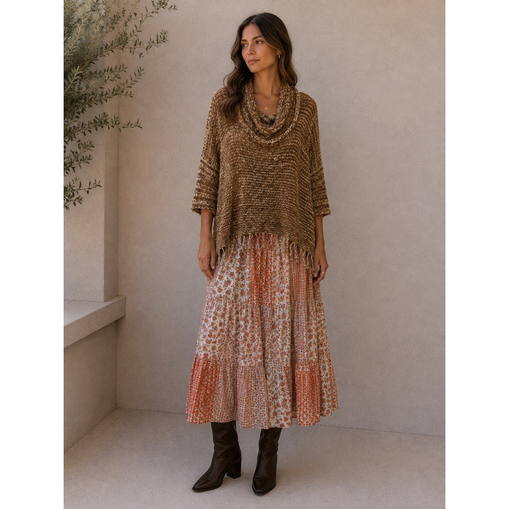 Ryu Womens Brown Cream Fringed Cowl Neck Eyelash Knit Poncho Sweater M/L Boho